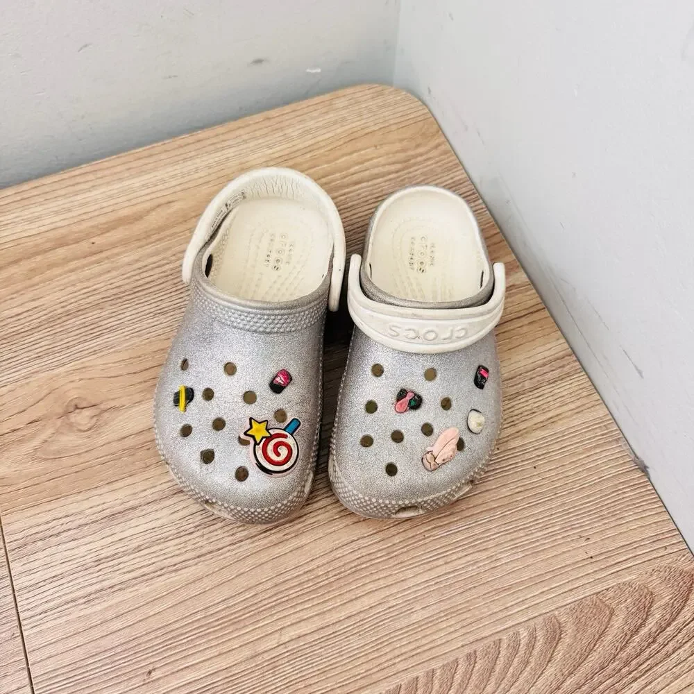 Crocs Silver Classic Glitter Clogs With Charms Girls Size 9